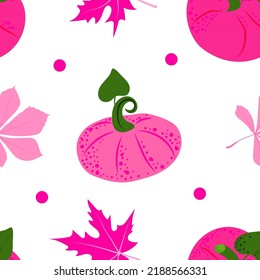 Seamless pattern of stylized pink pumpkins and autumn leaves on a light background. Flat style vector. Halloween. Autumn. Bright pink pumpkins. Thanksgiving. Suitable for textiles and packaging.