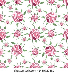 Seamless pattern with stylized pink roses on the white background. Endless texture for design. Decorative seamless background for greeting cards, interior, cosmetics and textiles.
