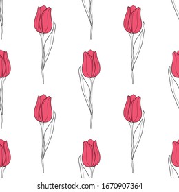 Nahtloses Muster mit stilisierten rosa Tulpen auf weißem Hintergrund. Frühlingshop. Drucken, Tapete, modernes Textildesign, Verpackungspapier. Vektorillustration.