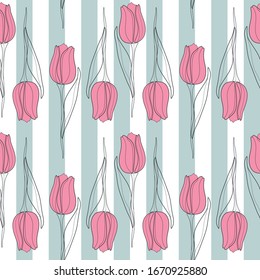 Patrón transparente con tulipanes estilizados de color rosa. Tulipán de primavera. Impresión, papel pintado, diseño textil moderno, papel de envolver. Ilustración vectorial.