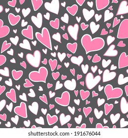 Seamless pattern of stylized pink and white colors hearts on gray background