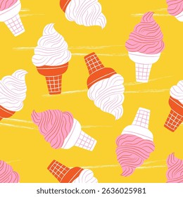 Seamless pattern with stylized pink and white ice cream cones on a yellow background. Flat vector illustration. Ice cream and summer dessert concept