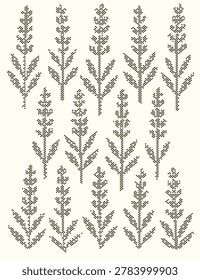 Seamless pattern with stylized pixel art lavender flowers, vector illustration of floral botanical elements isolated on white background.