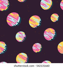 Seamless pattern of stylized planets of different sizes with irregular parallel rounded lines on violet background. Vector illustration.