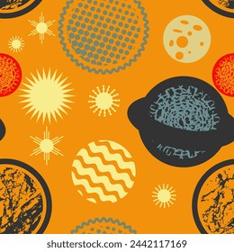 Seamless pattern with stylized planets and stars. Retro palette. Yellow background. Vector illustration
