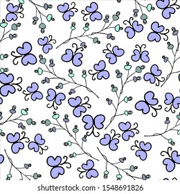 Seamless pattern with stylized plants and butterfly on white background. Endless texture for your design,  fabrics.