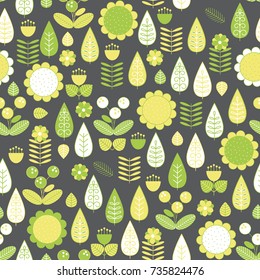 Seamless pattern with stylized plants in green and yellow color on a gray background. Vector illustration.