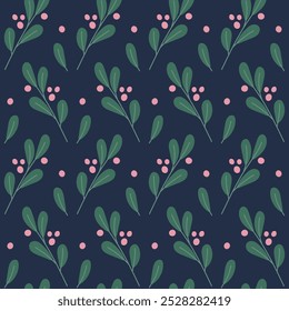 Seamless pattern of stylized plants. Twigs with berries on a dark background. Vector illustration in a flat style.