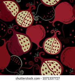 Seamless pattern with stylized pomegranate fruits and seeds on black background