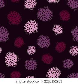 Seamless pattern of stylized pomegranate fruits. Sketch style, hand drawing. Vector illustration for fabrics, wrapping paper, backgrounds. Rosh Hashanah