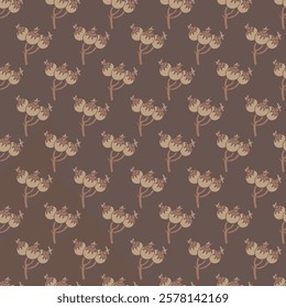 Seamless pattern with stylized pomegranates in soft earthy tones on a rich dark brown background, designed in a decorative vector style. Ideal for textiles and wrapping paper.