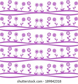 Seamless pattern of stylized purple flowers and wavy lines on a white background