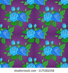 Seamless pattern of stylized purple, green and blue roses with green leaves.