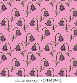 Seamless pattern of stylized purple and pink bellflowers on a pink background.