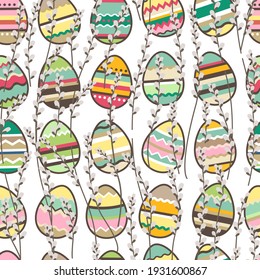 Seamless pattern with stylized pussy willow branches and painted eggs. Endless texture for your design.