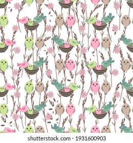 Seamless pattern with stylized pussy willow branches and birds. Endless texture for your design.