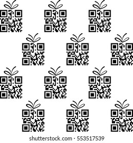 Seamless pattern with stylized QR code gifts on the white background. Vector.
