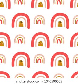 Seamless pattern of stylized rainbows with cute faces on a white background. Great for textile print, invitations, or packaging. Vector file.