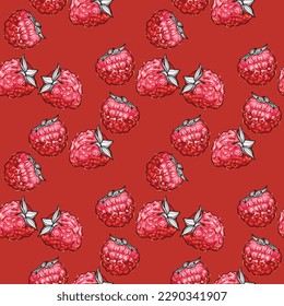 Seamless pattern with stylized raspberries on a red background. Red berry. Wallpaper, print, wrapping paper. Vector illustration.