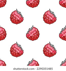 Seamless pattern with stylized raspberries on a white background. Red berry. Wallpaper, print, wrapping paper. Vector illustration.