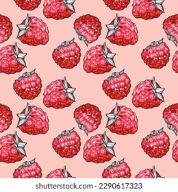 Patrón sin foco con frambuesas estilizadas sobre un fondo rosado. Berry roja. Papel tapiz, papel impreso, papel envolvente. Ilustración vectorial.