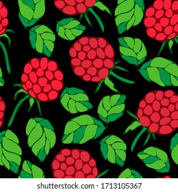 seamless pattern, stylized raspberry berries and leaves in cartoon style, in bright colors, wallpaper and fabric ornament, wrapping paper, background for different designs
