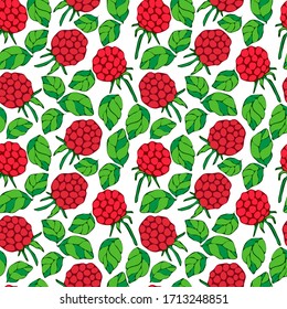 seamless pattern, stylized raspberry berries and leaves in cartoon style, in bright colors, wallpaper and fabric ornament, wrapping paper, background for different designs