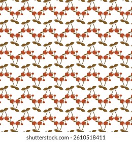 Seamless Pattern of Stylized Red Berries with Leaves on a White Background