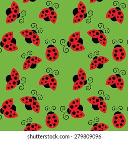 A seamless pattern with stylized red and black ladybirds on green background. Vector illustration.
