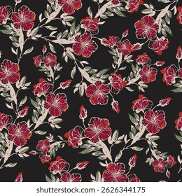 Seamless pattern: stylized red flowers, green leaves cream branches on a dark background. Bold graphic illustration with strong contrast. Modern floral design for striking fabric wallpaper