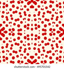 Seamless pattern with stylized red ink spots that look like blood texture on white background. Halloween design concept digital paper, textile print, page fill. Vector illustration