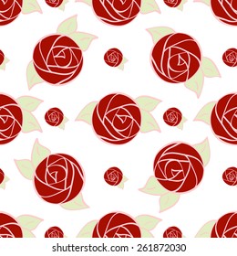 Seamless pattern of stylized red rose flowers and green leaves on a white background. Vector illustration for design artwork, textiles, paper, packaging.