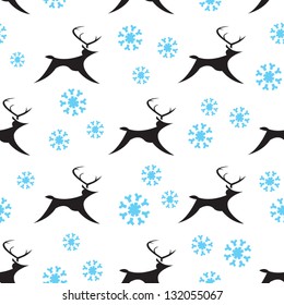 A seamless pattern of stylized reindeer with blue snowflakes.