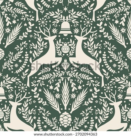 Seamless pattern with stylized reindeer, pine branches, holly, ornaments and stars in a decorative winter style on a dark background, created as a vector illustration for seasonal designs.