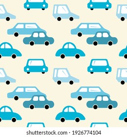 seamless pattern, stylized retro cars in blue on a light yellow background, vector