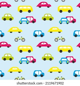 seamless pattern, stylized retro cars in blue on a light blue background, vector
