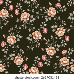 A seamless pattern of stylized roses. The roses are a light peachy tan color with varying shades, and the petals appear layered and textured to mimic a realistic rose bloom. Small, light pinkish red.