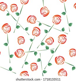 A seamless pattern with stylized roses with stems and leaves.
