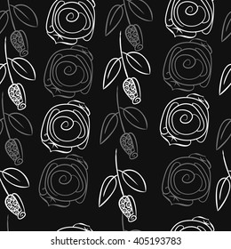 Seamless pattern of stylized rosy,leaves,  floral, spirals, branches, buds. Hand drawn.