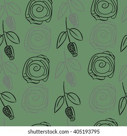 Seamless pattern of stylized rosy,leaves,  floral, spirals, branches, buds. Hand drawn.