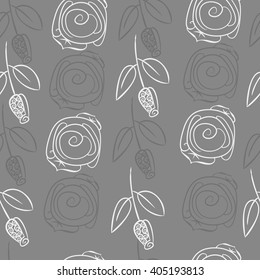 Seamless pattern of stylized rosy,leaves,  floral, spirals, branches, buds. Hand drawn.