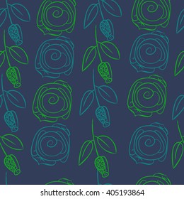 Seamless pattern of stylized rosy,leaves,  floral, spirals, branches, buds. Hand drawn.