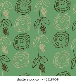 Seamless pattern of stylized rosy,leaves,  floral, spirals, branches, buds. Hand drawn.