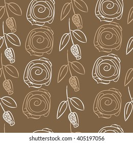 Seamless pattern of stylized rosy,leaves,  floral, spirals, branches, buds. Hand drawn.
