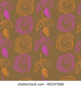 Seamless pattern of stylized rosy,leaves,  floral, spirals, branches, buds. Hand drawn.