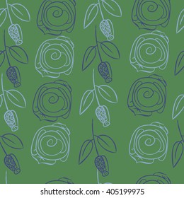Seamless pattern of stylized rosy,leaves,  floral, spirals, branches, buds. Hand drawn.