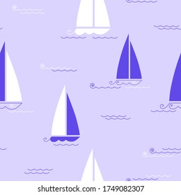 Seamless pattern with stylized sailboats and sea wave. Vector illustration.