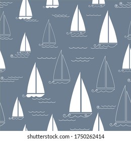 Seamless pattern with stylized sailboats and sea wave. Vector illustration.