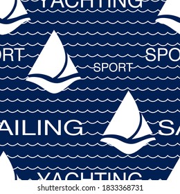 Patrón sin igual con veleros estilizados, olas y palabras VELA, YACHTING, SPORT 