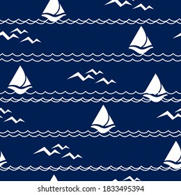 Seamless pattern with stylized sailboats, waves and gulls.  Vector seascape.